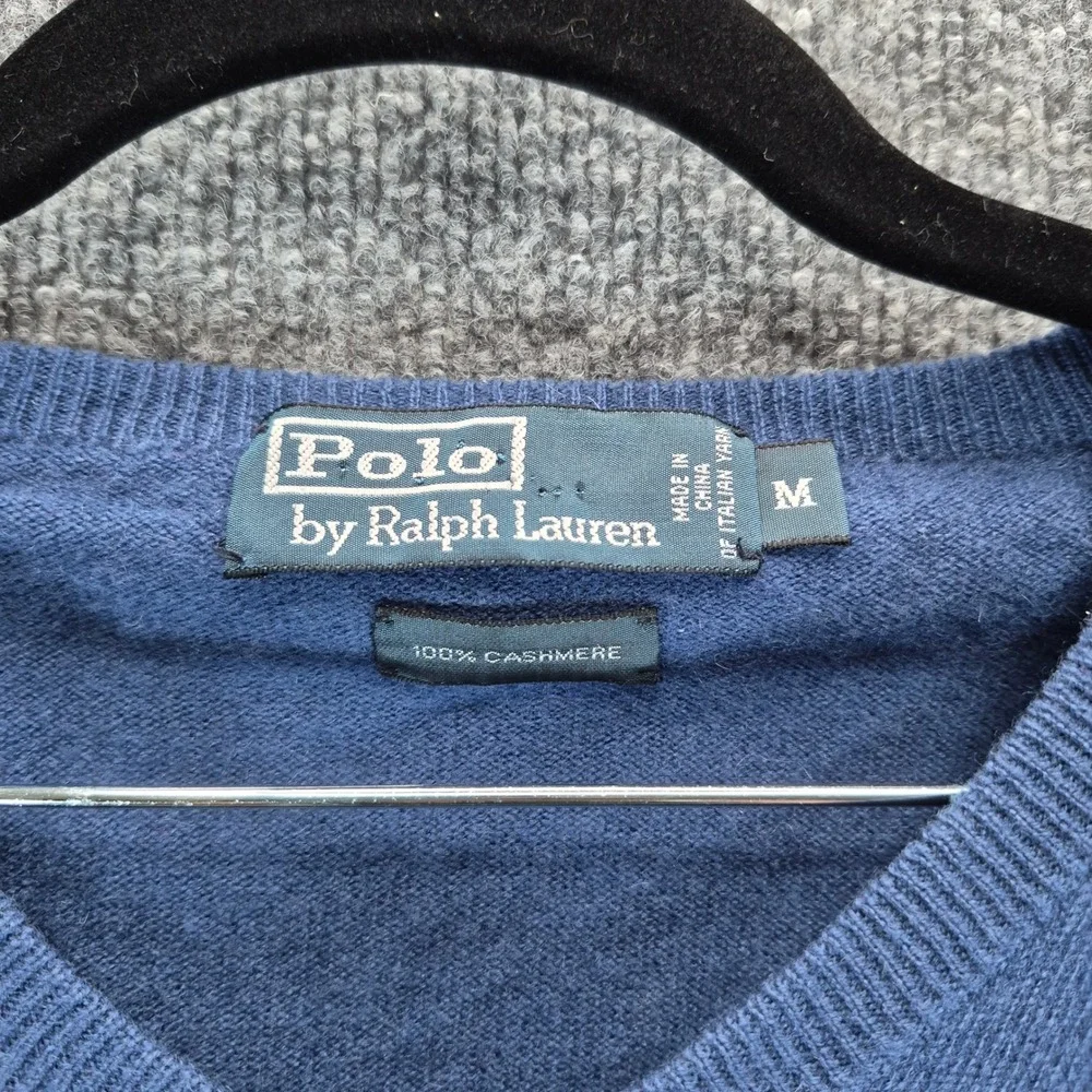 Polo Ralph Lauren Sweater 100% Cashmere V-Neck Medium Blue Mens